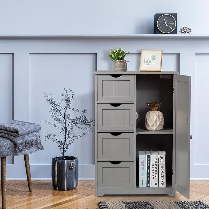 GLACER Bathroom Floor Cabinet, Multifunctional Storage Cabinet with 4 Drawers and 1 Door, Wooden Side Storage Organizer for Bathroom, Living Room or Kitchen, 22 x 12 x 32 inches (Grey)