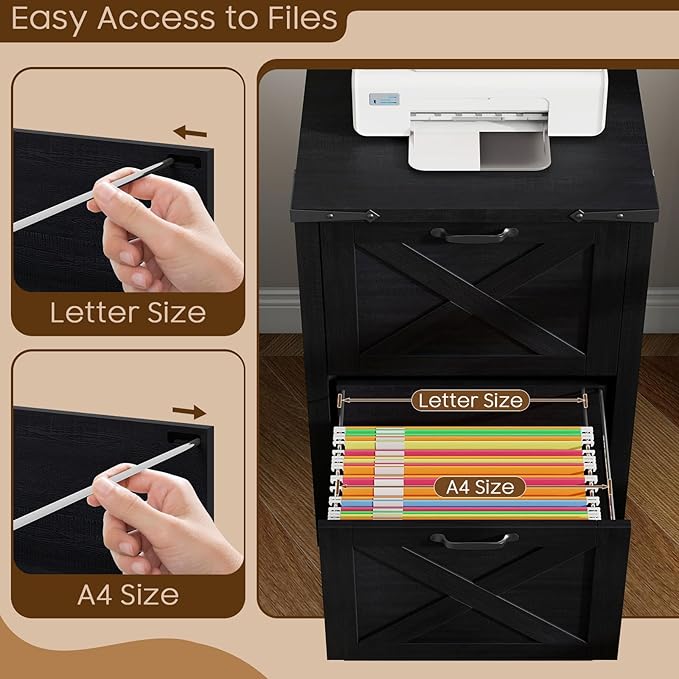 Vertical File Cabinet with 2 Drawers, Wooden Farmhouse Filing Cabinet for Letter/A4 Size Hanging Files, Under Desk Printer Stand with Storage for Home Office, Black