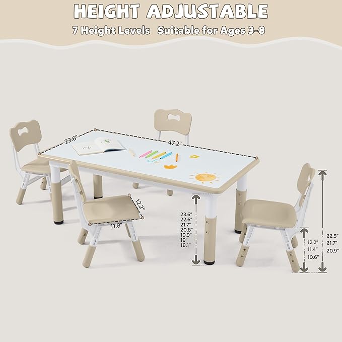 Adjustable Kids Table Chairs Set – Graffiti Desktop, Multi-Activity Height-Adjustable Toddler Study Desk for Ages 3-8 – Ideal for Home, Classroom, Daycare (B-Wood, 4 Chairs-47.2" L x 23.6" W)