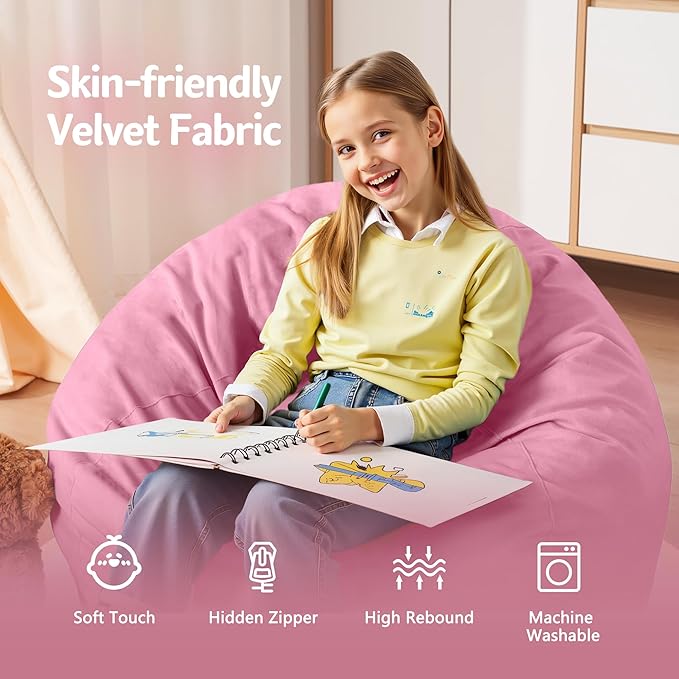 Homguava 2FT Bean Bag Chair: 2' Bean Bags with Memory Foam Filled,Comfy Beanbag Chairs Round Bean Bag Sofa with Dutch Velvet Cover-Dusty Pink