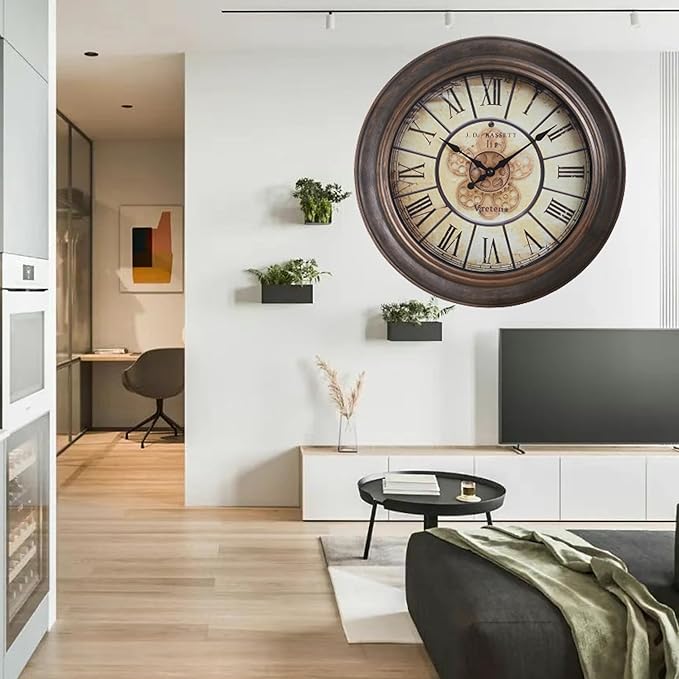 15 Inch Vintage Wall Clock, Silent Non-Ticking Quartz Battery Operated Decorative Clock for Home, Kitchen, Living Room, Dining Room, Office, Aged Bronze Roman Numerals