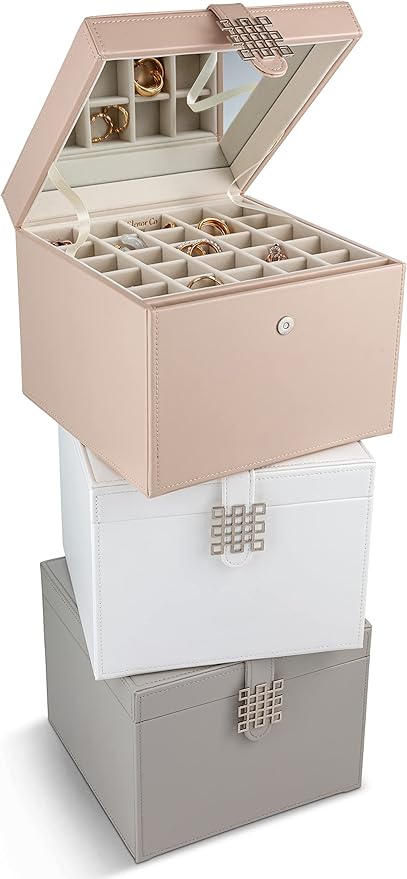 Earring Organizer Holder - 75 Small & 4 Large Slots Classic Jewelry Box with Drawer & Modern Closure, Mirror, 4 Trays Earrings, Ring or Chain Storage - PU Leather Case - Sand