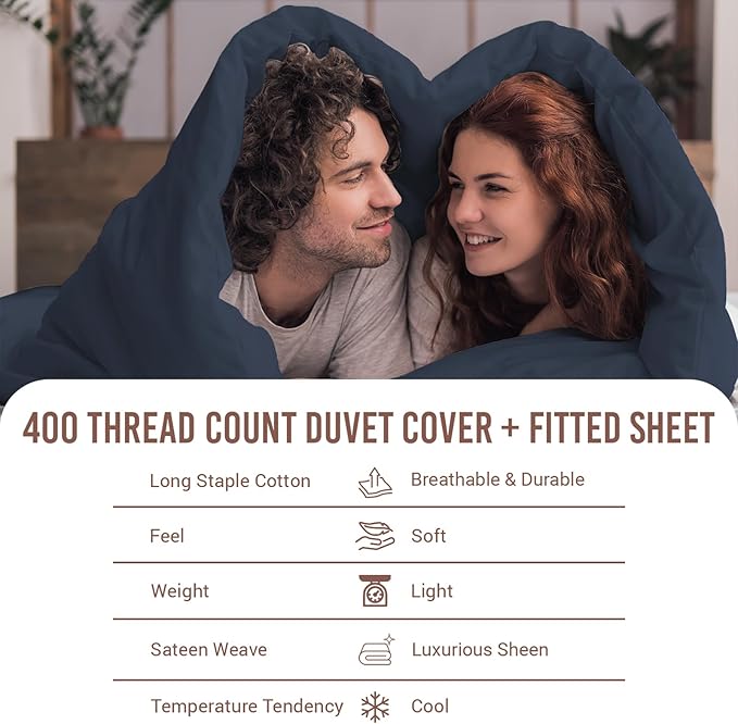 Pizuna 100% Cotton Queen 3 Pc Duvet Cover + 1 Pc Fitted Sheet Set 400 Thread Count Dark Blue Sateen Weave Luxurious Long Staple Cotton 4 Piece Bedding Set -1 Duvet Cover,2 Pillow Shams,1 Fitted Sheet