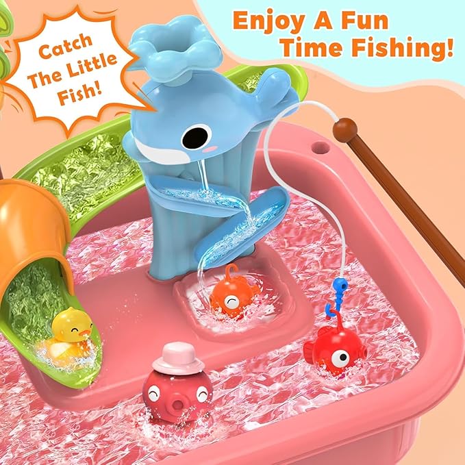 2026 Upgraded Water Table for Toddlers 1-3, Water Table with Pump,Toy Kitchen Sets for Kids Ages 4-8, with Detachable Legs, Play Sink with Electric Faucet, Includes Play Vegetables and Fishing Game