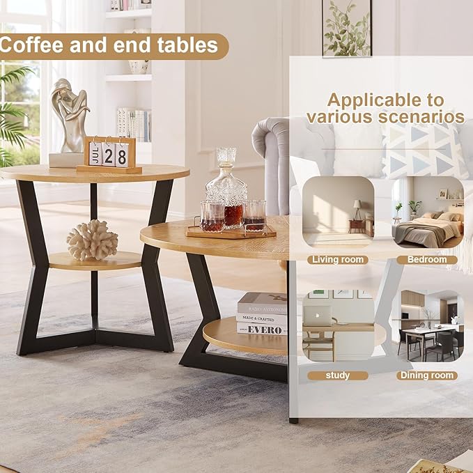 Round Wood Coffee Table for Living Room, 2-Tier Rustic Circle Coffee Table with Storage, 35”x 17” Real Wood Desktop with Metal Frame, Radial Pattern