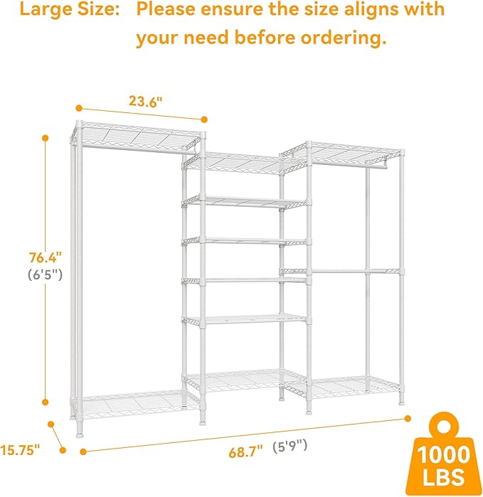 H12 Heavy Duty Clothes Rack with Adjustable 5-Tier Shoe Rack, Metal Clothing Racks for Hanging Clothes, Freestanding Shoe Organizer Large Garment Racks, 15.7" D x 68.7" W x 76.4" H, White