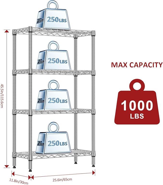 IZEUK 4 Tier Steel Storage Shelves, Heavy Duty Metal Shelf Wire Shelving Rack for Pantry, Kitchen, Living Room, or Office Organization (11.8" D x 25.6" W x 45.5" H, 1000LBS, Chrome)