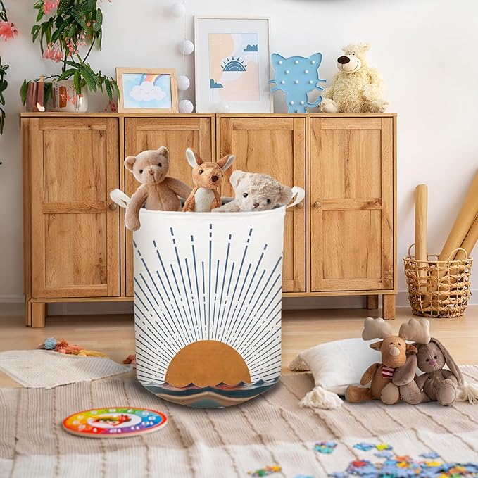 Boho Laundry Basket, Mid Century Modern Boho Terracotta Sun Sea Wave Waterproof Collapsible Laundry Hamper Dirty Clothes Storage Toy Bin Organizer for Bathroom Bedroom Nursery Girls Kids Room