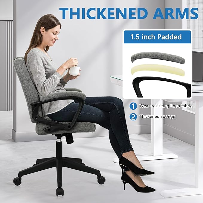 CLATINA Fabric Home Office Chair Linen Cloth Ergonomic Swivel Desk Chair with Padded Armrests, Adjustable Height Rolling Computer Task Chairs for Work, Conference, Study, Grey, 2 Pack