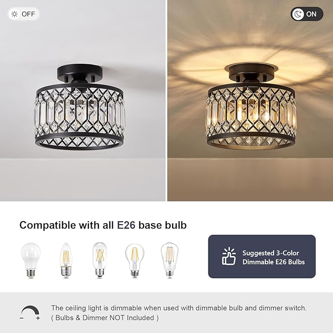 Crystal Black Ceiling Light, Modern Semi Flush Mount Ceiling Lighting Fixture, Round Hallway Lighting Fixtures for Kitchen Entryway Bedroom Laundry Room, 1-Light, 9 Inch