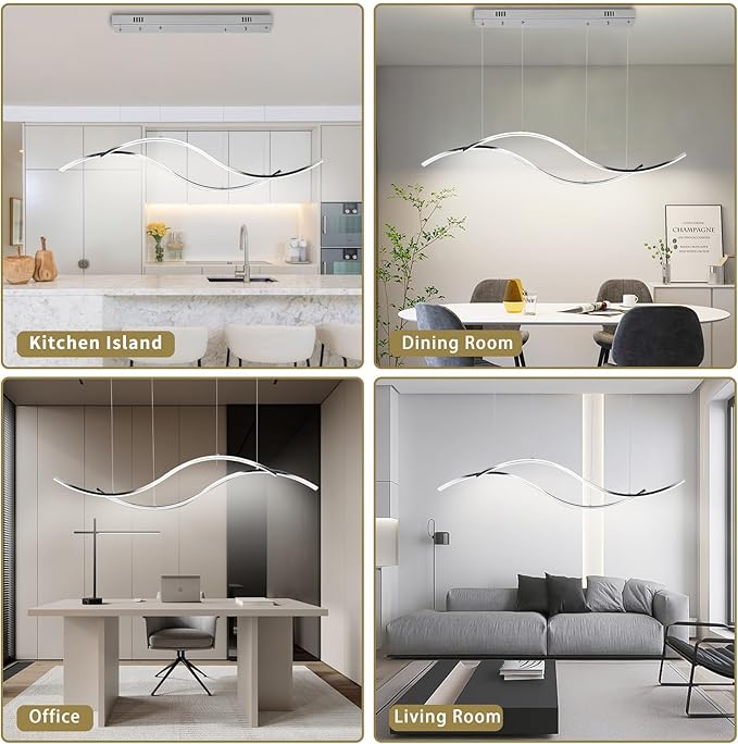 Modern Led Pendant Light, Dimmable Chrome Led Chandelier for Dining Room Light Fixture Over Table Creative Wave Pendant Light for Kitchen Island, Dining Room, Bedroom(Chrome)