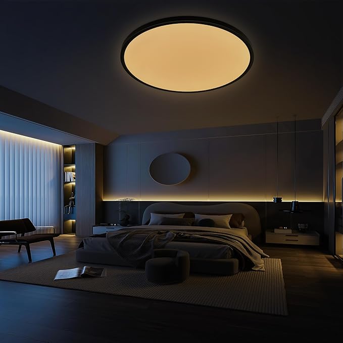20 Inch Black Led Ceiling Light, Dimmable with Remote Control, Modern, Ultra Thin Flush Mount, Round Light Fixtures, 48W, 4800 Lumen, for Bedroom, Living Room, Kitchen, Dining Room