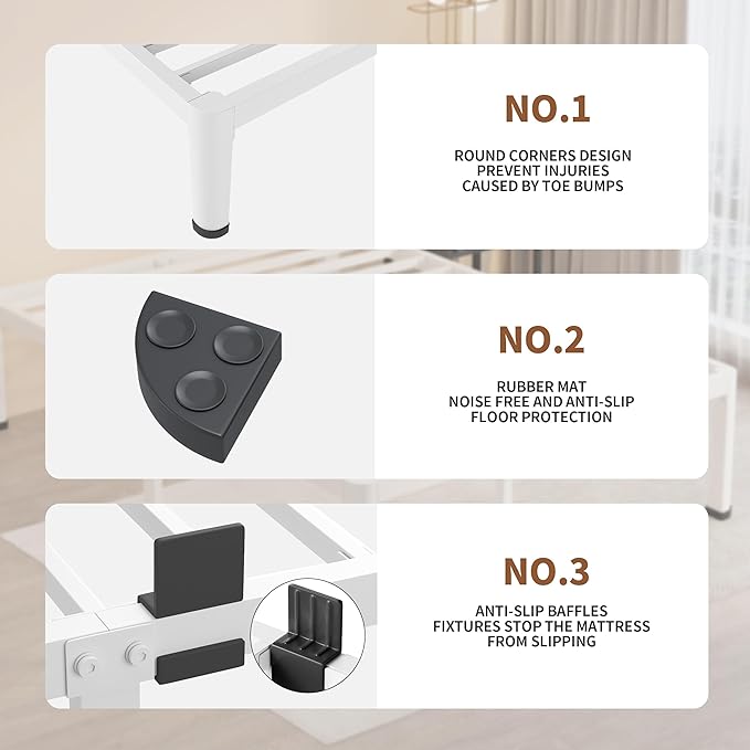 MAF 14 Inch Twin Metal Platform Bed Frame White with Round Corner Legs, 3000 LBS Heavy Duty Steel Slats Support, Noise Free, No Box Spring Needed, Easy Assembly