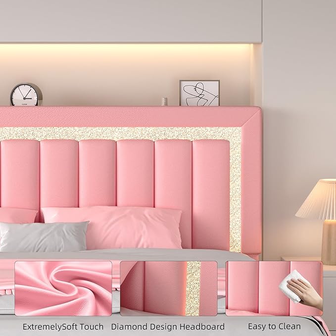 HOMBCK Floating Bed Frame King with Smart LED Lights, Faux Leather Upholstered Bed with Diamond PU Headboard, No Box Spring Needed, Noise-Free, Easy Assembly, Pink