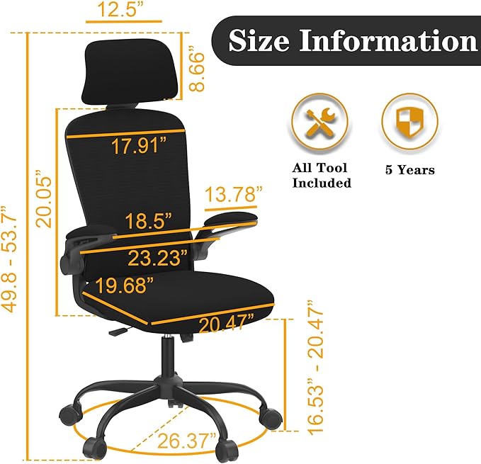 Ergonomic Office Chair for Long Hours & Back Pain Relief – Desk Chair with Adjustable Lumbar Support & Headrest, High-Density Foam Cushion, Flip-Up Armrests, Perfect for Work & Study (Dark Black)