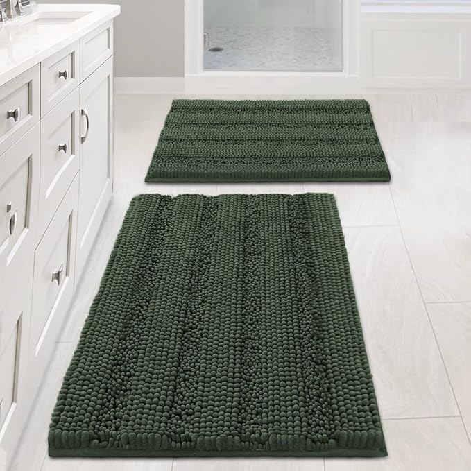 H.VERSAILTEX Extra Thick Chenille Striped Pattern Bath Rugs for Bathroom Non Slip - Soft Plush Shaggy Mats Floor, Indoor Entryway (Bronze Green, 32 x 20 Plus 24 17 Inches)