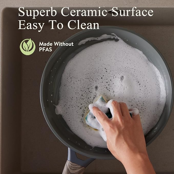 22Pcs Pots and Pans Set Non Stick Non-Toxic Ceramic Cookware Sets Nonstick Kitchen Pot&Pan With Lid Cream Gray Granite Induction Compatible with Glass Lids 10" Griddles Frying Pan PFOA/PFOS-Free