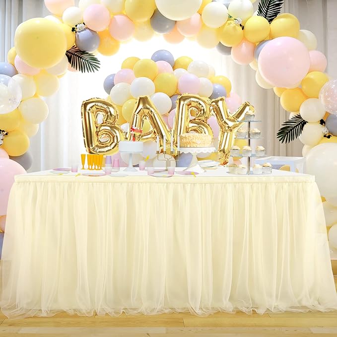 Suppromo Ivory Tulle Table Skirts for Rectangle Tables or Round Tables 9ft Tutu Table Skirt Cloth for Bridal Shower Birthday Party Baby Shower Gender Revea Banquet Decorations