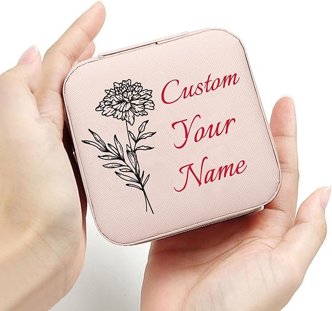 Personalized Jewelry Boxes for Women, Custom Travel Jewelry Case with Name and Birth Flower Month, Portable Jewelry Box Organizer for Mom Birthday Gifts (Pink Customizable)