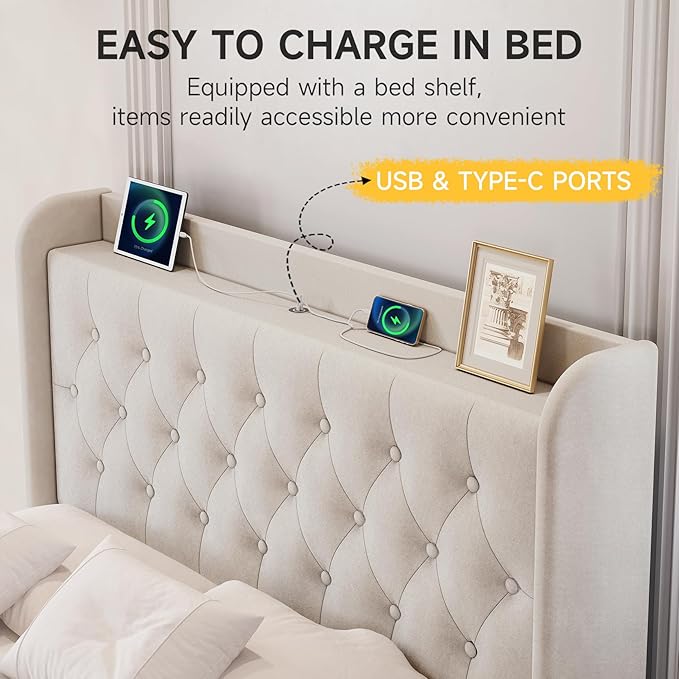 koorlian Queen Bed Frame with Headboard, Adjustable Velvet Upholstered Bed Frame with Type-C&USB Ports, Wingback Storage Headboard, Solid Wood Slats Support, No Box Spring Needed, Noiseless, Beige