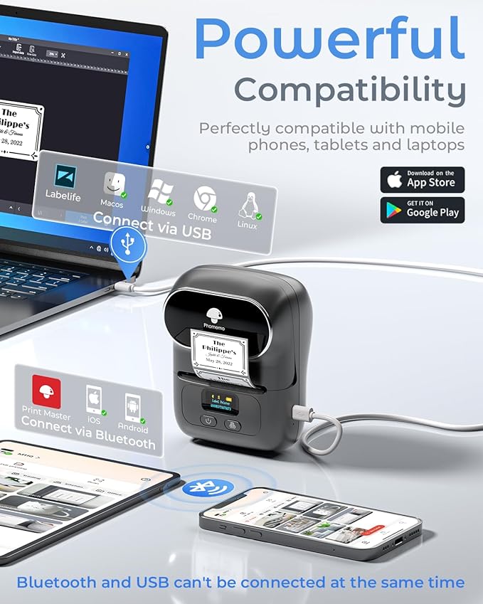 Phomemo M110 Thermal Label Makers- Barcode Label Printer Bluetooth Label Maker Portable Printer for Small Business, Address, Logo, Clothing, Mailing, Sticker Printers for Phone & PC, Gray