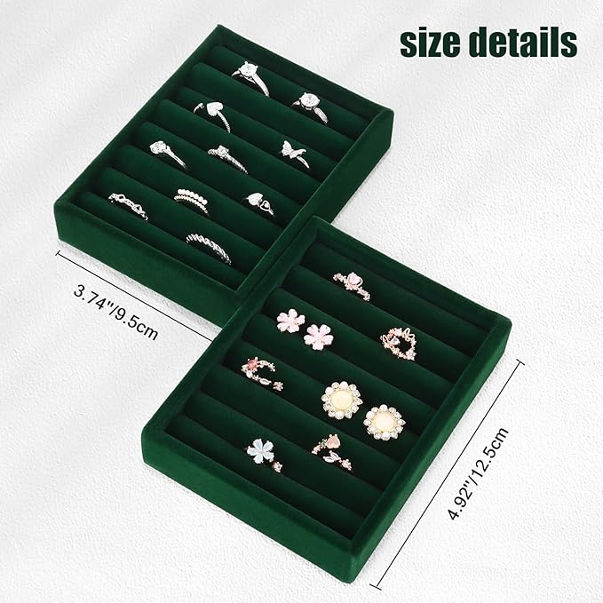DesignSter Small Jewelry Tray-Ring Organizer 2PCS Premium Velvet Rings Earrings Display Tray Storage Insert Holder for Jewelry Box, Drawer, Dresser (8 Slots, Green)