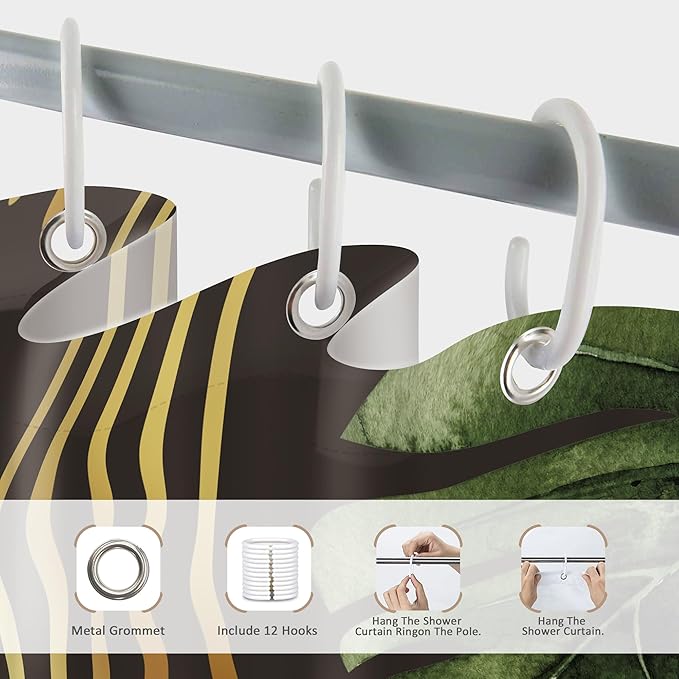 Glawry Dark Green Gold Boho Mid Century Shower Curtain Extra Long Abstract Minimalist Tropical Modern Geometric Leaf Bathroom Simple 72Wx84L Inches Bath Accessories Art Home Decor Fabric 12 Pack Hook