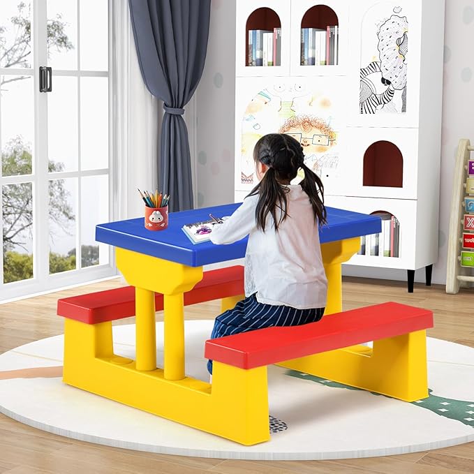 DORTALA Kids Picnic Table, Outdoor Toddler Table and Bench Set with Removable Umbrella, Plastic Kids Activity Table Set for Backyard, Garden, Nursery, Gift for Boys Girls Age 3+, Colorful