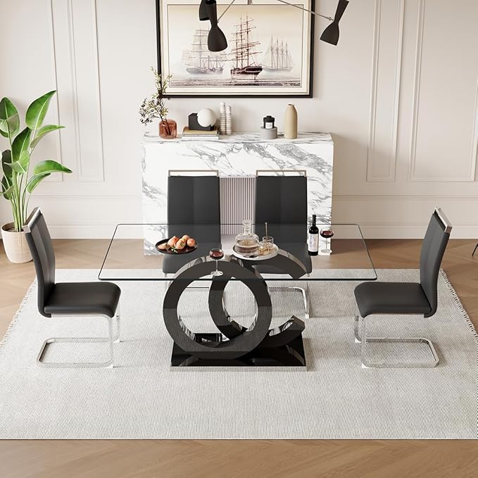 63'' Glass Dining Table Set for 4, Kitchen Table Chairs Set of 4, Clear Glass Dining Table with Black unique design Leg and Silver Metal Base, 4 PU Dining Chairs with Metal Legs, Living Room, Kitchen.