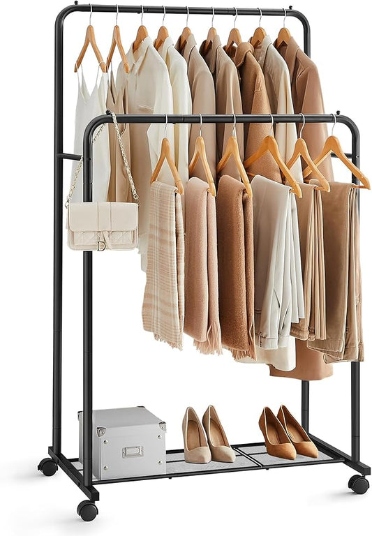 SONGMICS Double Rods Clothes Rack with Wheels, Clothing Rack for Hanging Clothes, Heavy Duty Garment Rack with Mesh Storage Shelf, 2 Brakes, Each Top Rail Holds up to 77 lb, Black UHSR26BKV1