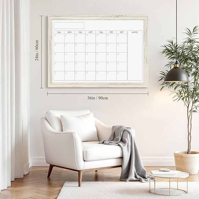 4 THOUGHT Whiteboard Calendar 36" x 24" Magnetic Dry Erase Board Wood Frame Wall-Mounted Monthly Planner White Board Decorative Notice Board for Office School Home, White Vintage
