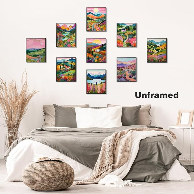 Plant Floral Landscape Wall Art Set of 9, Colorful Abstract Nature Landscape Posters Wall Decor, Boho Canvas Artwork for Living Room Dining Room Bedroom Bathroom Home Decoration 8x10In Unframed