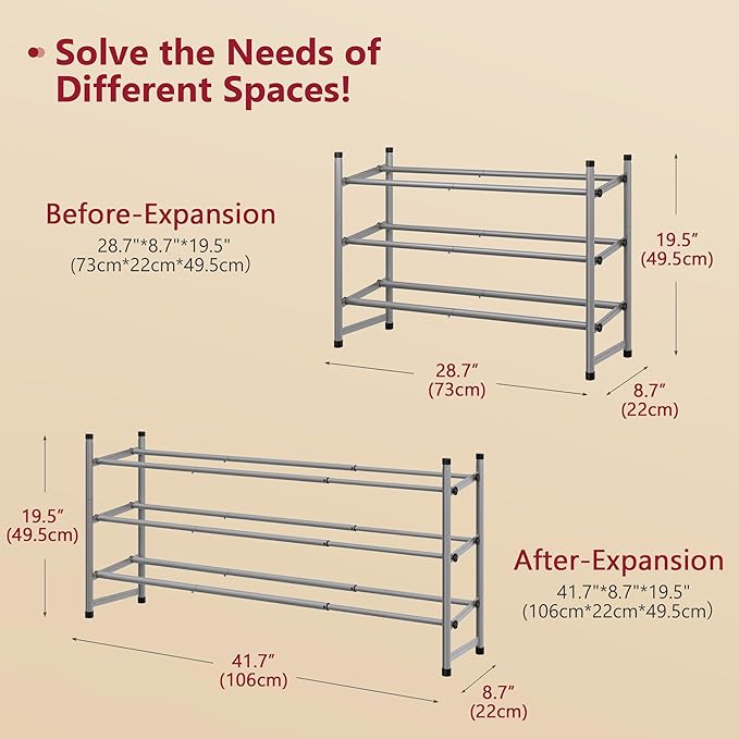 Tajsoon Expandable Shoe Rack for Closet 3 Tier, 28“-41“Adjustable & Stackable Shoe Shelf Storage, Metal Shoe Rack Organizer for Front Door Entrance, Closet, Garage, Entryway, Grey