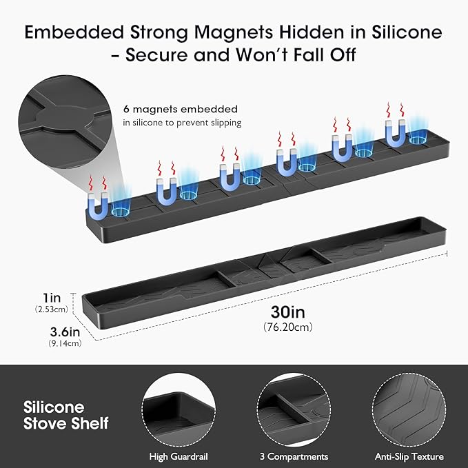 Silicone Magnetic Stove Shelf For Back Of Stove, Over The Stove Shelf, Magnetic Stove Top Shelf, Kitchen Spice Rack Organizer, Oven Shelf For Top Of Stove - Black