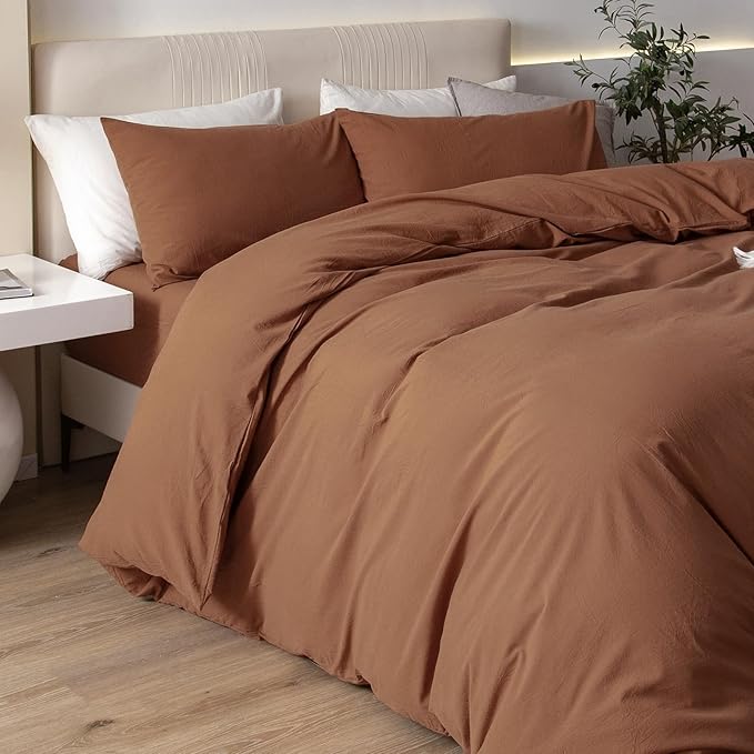 JIYUAN 100% Washed Cotton Duvet Cover Set 3 Pieces Oversized King, 1 Duvet Cover 120x98 Inches(Comforter Not Included) and 2 Pillowcases,Linen Feel Bedding Set Comfy and Breathable,Burnt Orange