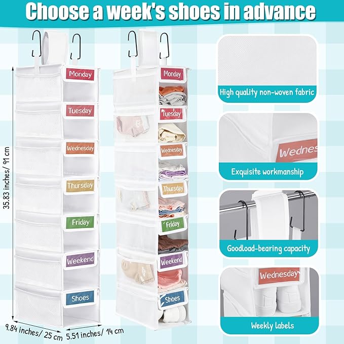 2 Pack 7 Shelf Weekly Clothes Organizer Hanging Closet for Kids with Side Pockets Weekday Shoes Rack Weekly Clothes Organizers Monday Through Weekend Foldable Storage Shelves(White)