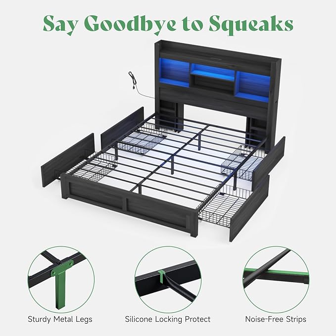 AMERLIFE Full Size Bed Frame with 4 Storage Drawers, LED Bed Frame with 49.6" Tall Bookcase Headboard, Wood Platform Bed with Charging Station & 2 Slide Bedside Shelf, No Box Spring Needed/Black