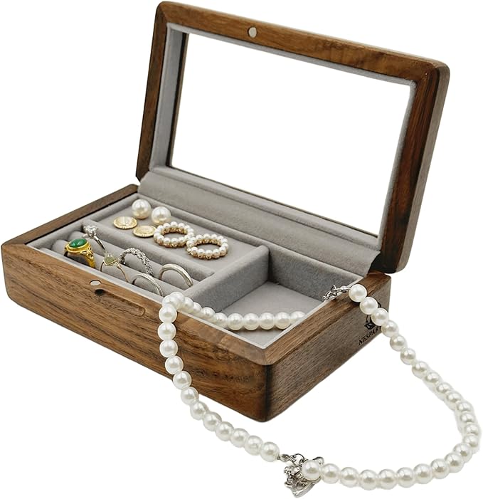 Walnut Jewelry Storage Box with Glass Lid, Multi-Functional Wooden Jewelry Organizer, Soft Velvet Interior, Natural Wood Craft Display Box for Rings, Earrings, Necklaces, Valentine’s Day Gift