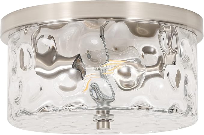 LamQee 9.8" Small Flush Mount Ceiling Light With Clear Hammered Glass, Brushed Nickel Hallway Light Fixtures Ceiling Mount for Bathroom, 2-Lights Farmhouse Close To Ceiling Light Kitchen Foyer Bedroom