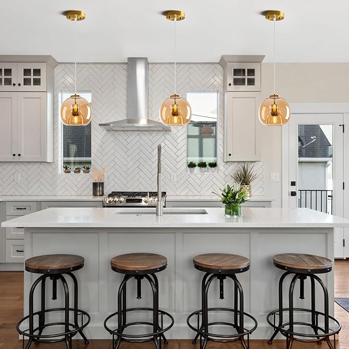 Amber Glass Pendant Lights Kitchen Island Gold Hanging Light Fixture Glass Globe Pendant Light Modern Pendant Lighting for Kitchen Island Bedroom Dining Room (7.87", 2 Pack)