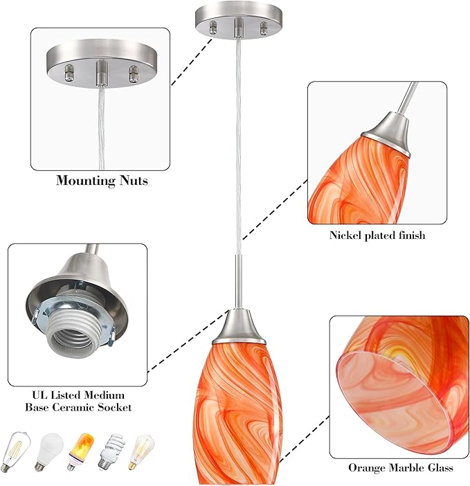 Mini Glass Pendant Light 4.72" with Handblown Orange Marble Art Glass Hanging Light 1-Pack Oval Ceiling Hanging Light Fixture for Dining Room Kitchen Island Cafe Foyer Hallway