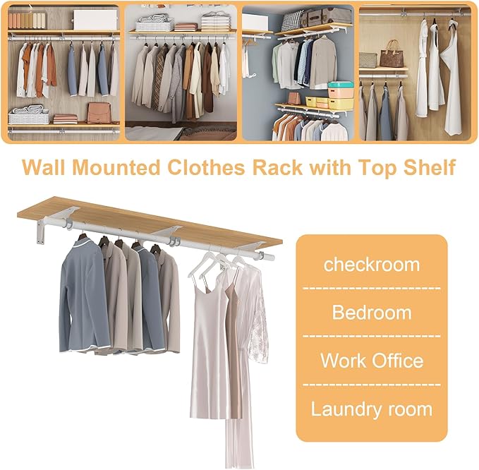 Mounted Closet Systems with Removable Shelves & Hanging Rods - Solid Wood Wall-Mounted Wardrobe Organizer for Bedroom, Walk-in Closet, 47.2in Space Saving Closet Storage System（1 Pack）