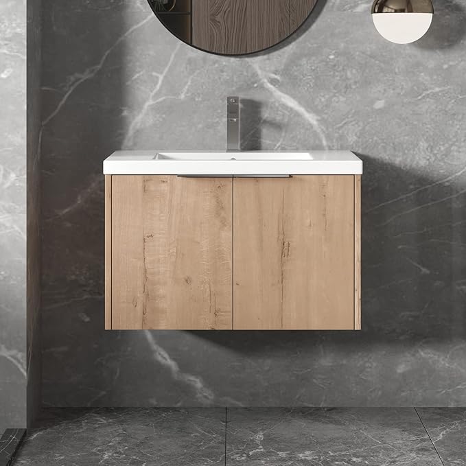 Goujxcy 30" Wall Mounted Vanity With Sink, Modern Floating Cabinet With White Resin Wash Basin & Storage, Soft-Close Door Plywood Hanging Bathroom Cabinet (Imitative Oak)