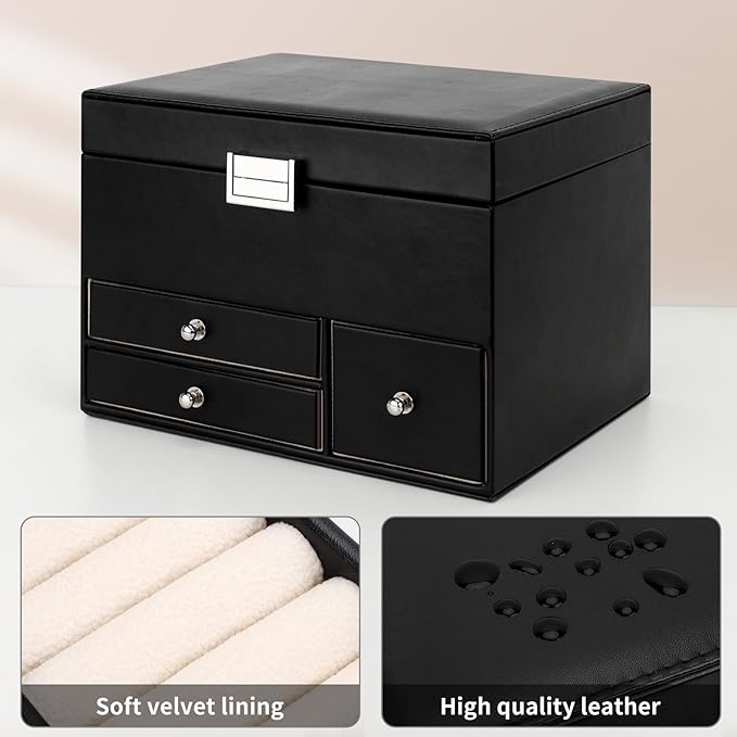 DesignSter Jewelry Organizer Box, Large Capacity 3 Layers, Travel Jewelry Case, Mirror, for Necklaces Earrings Rings Bracelets Watches (Black)