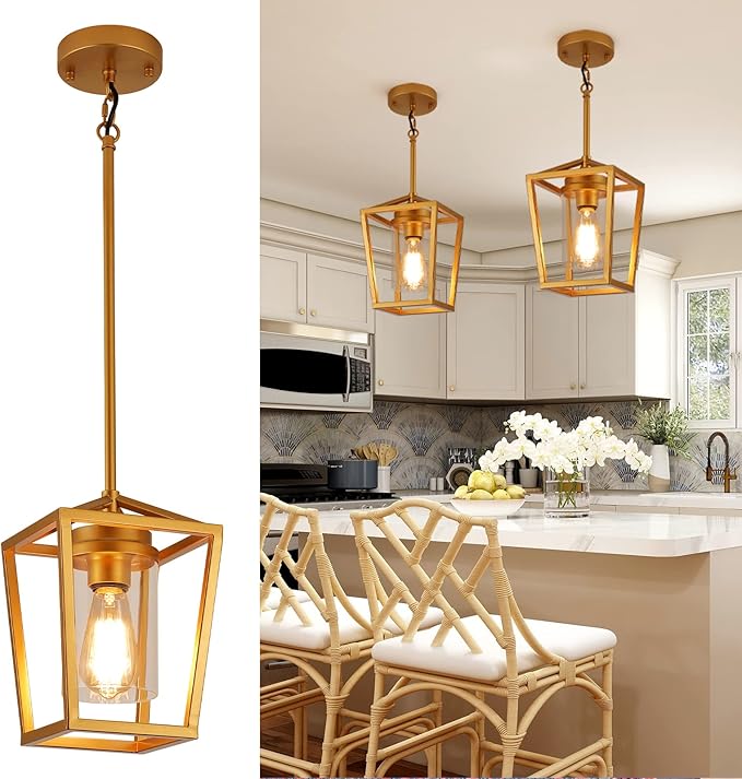 SGLfarmty 1-Light Gold Pendant Light, Farmhouse Cage Pendant Lighting Fixture for Kitchen Island, Lantern Pendant Lights Brass Finish with Glass, Modern Geometric Hanging Light for Foyer, Entryway