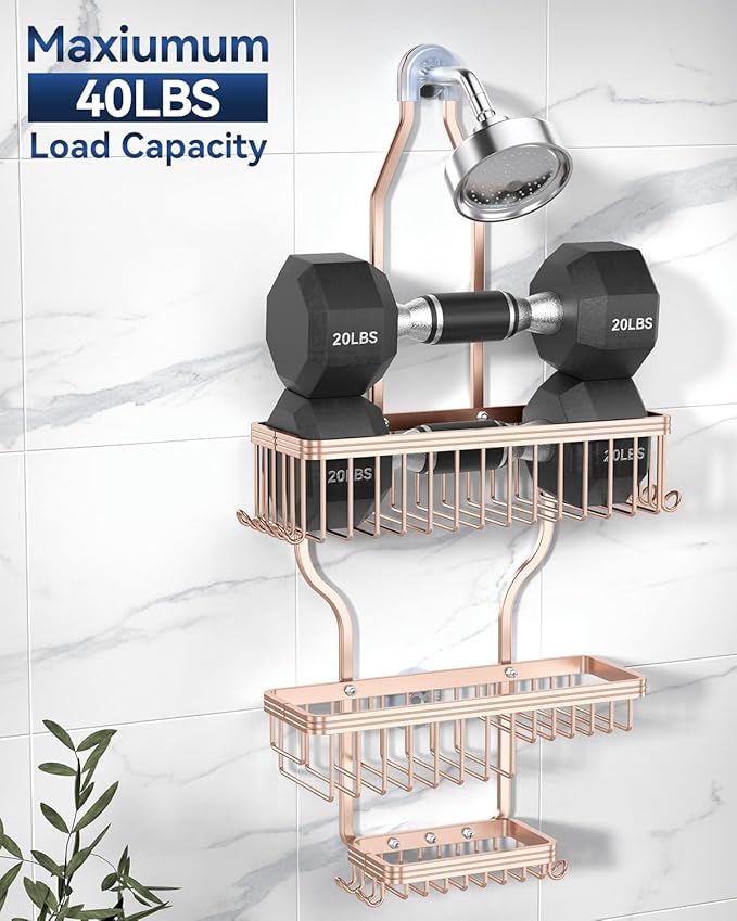 YASONIC Shower Caddy Hanging - Never Rust Shower Organizer - Aluminum over The shower head caddy with 10 Hooks for Razor/Sponge - Shower Rack with Soap Basket - Rose Gold