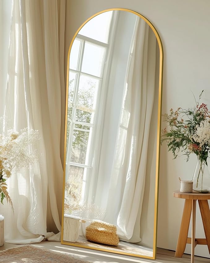 Full Length Mirror with Stand, 58"x18" Arched Full Body Mirror, Large Stand Up Aluminum Frame Floor Freestanding Hanging Leaning Mounted for Bedroom Living Room Entryway Gold