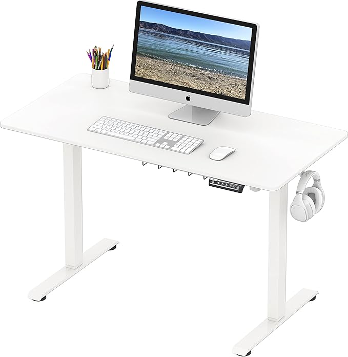 SHW 48-Inch Electric Height Adjustable Sit to Stand Desk with Hanging Hooks and Cable Management, White Frame and White Top