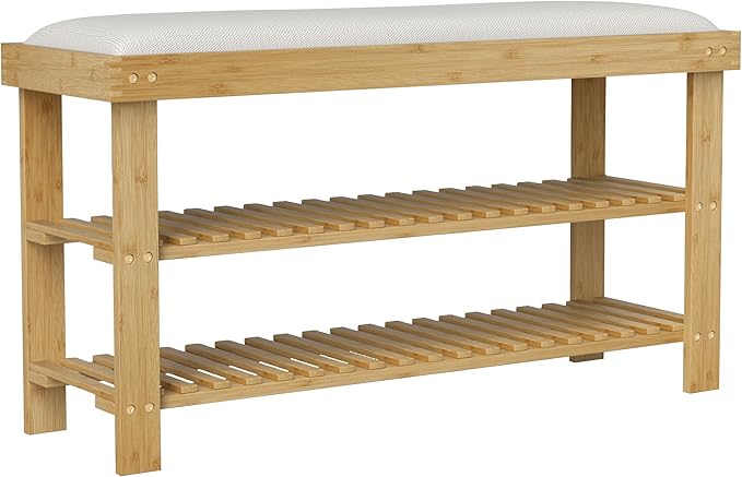 HOMCOM Bamboo Shoe Bench, 3-Tier Entryway Bench with Storage and Cushion, Shoe Organizer for Entryway, Hallway, Holds Up to 331 lbs, 35.4 x 11.4 x 19.3 Inches, Cream White