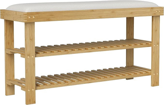 HOMCOM Bamboo Shoe Bench, 3-Tier Entryway Bench with Storage and Cushion, Shoe Organizer for Entryway, Hallway, Holds Up to 331 lbs, 35.4 x 11.4 x 19.3 Inches, Cream White